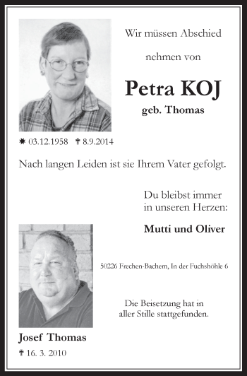 Anzeige von Petra Koj von  Wochenende 