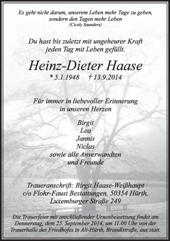 Anzeige von Heinz-Dieter Haase von  Sonntags-Post 