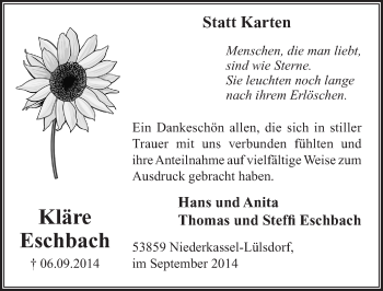 Anzeige von Kläre Eschbach von  Kölner Wochenspiegel  Extra Blatt 