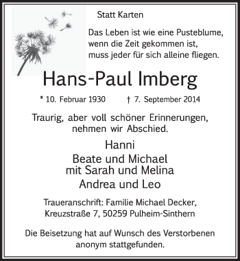 Anzeige von Hans-Paul Imberg von  Sonntags-Post 