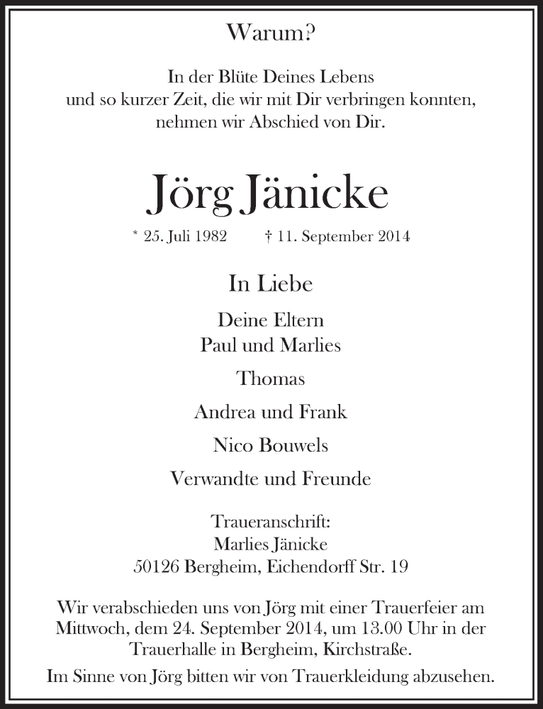  Traueranzeige für Jörg Jänicke vom 20.09.2014 aus  Sonntags-Post 