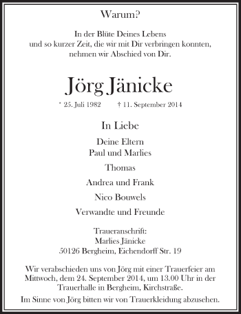 Anzeige von Jörg Jänicke von  Sonntags-Post 