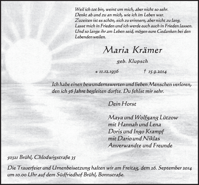  Traueranzeige für Maria Krämer vom 24.09.2014 aus  Schlossbote/Werbekurier 
