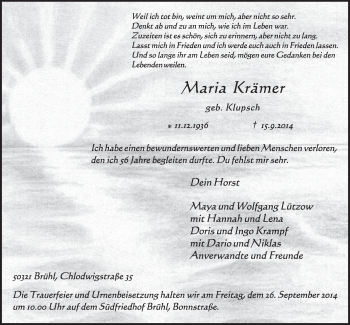 Anzeige von Maria Krämer von  Schlossbote/Werbekurier 
