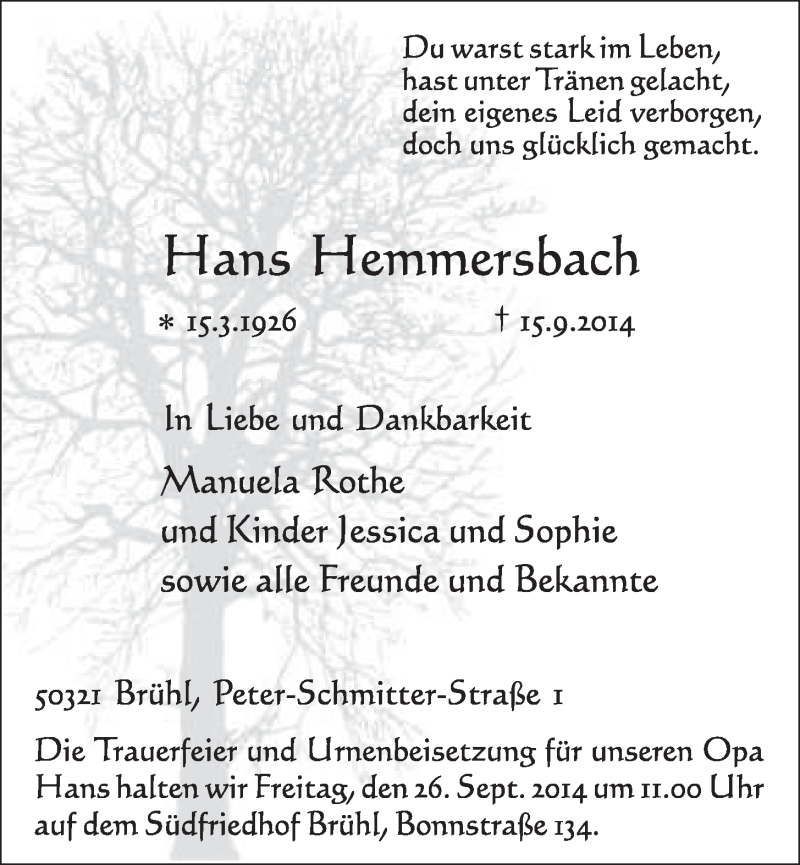  Traueranzeige für Hans Hemmersbach vom 24.09.2014 aus  Schlossbote/Werbekurier 