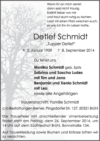 Anzeige von Detlef Schmidt von  Schlossbote/Werbekurier 