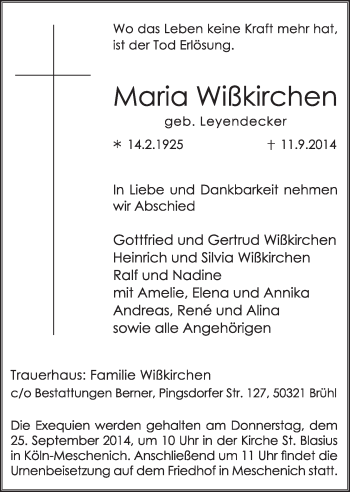 Anzeige von Maria Wißkirchen von  Schlossbote/Werbekurier 