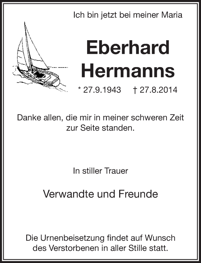  Traueranzeige für Eberhard Hermanns vom 24.09.2014 aus  Lokale Informationen 