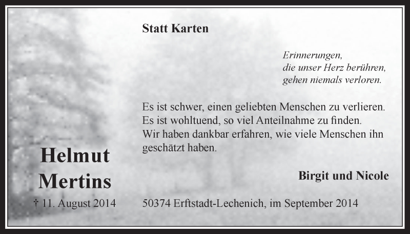  Traueranzeige für Helmut Mertins vom 24.09.2014 aus  Werbepost 