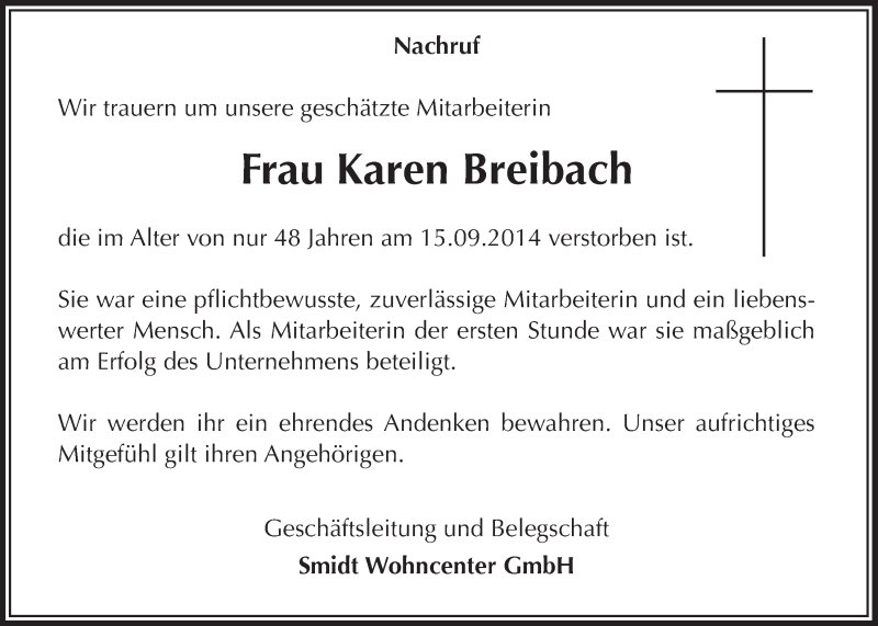  Traueranzeige für karen Breibach vom 24.09.2014 aus  Lokale Informationen 