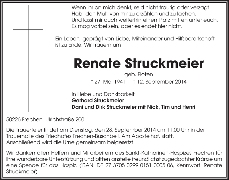  Traueranzeige für Renate Struckmeier vom 20.09.2014 aus  Sonntags-Post 