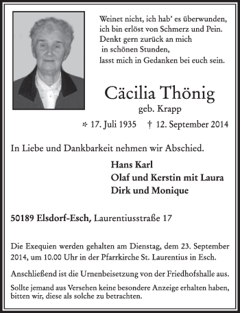 Anzeige von Cäcilia Thönig von  Sonntags-Post 