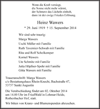 Anzeige von Heinz Wawers von  Rhein-Sieg-Wochenende 