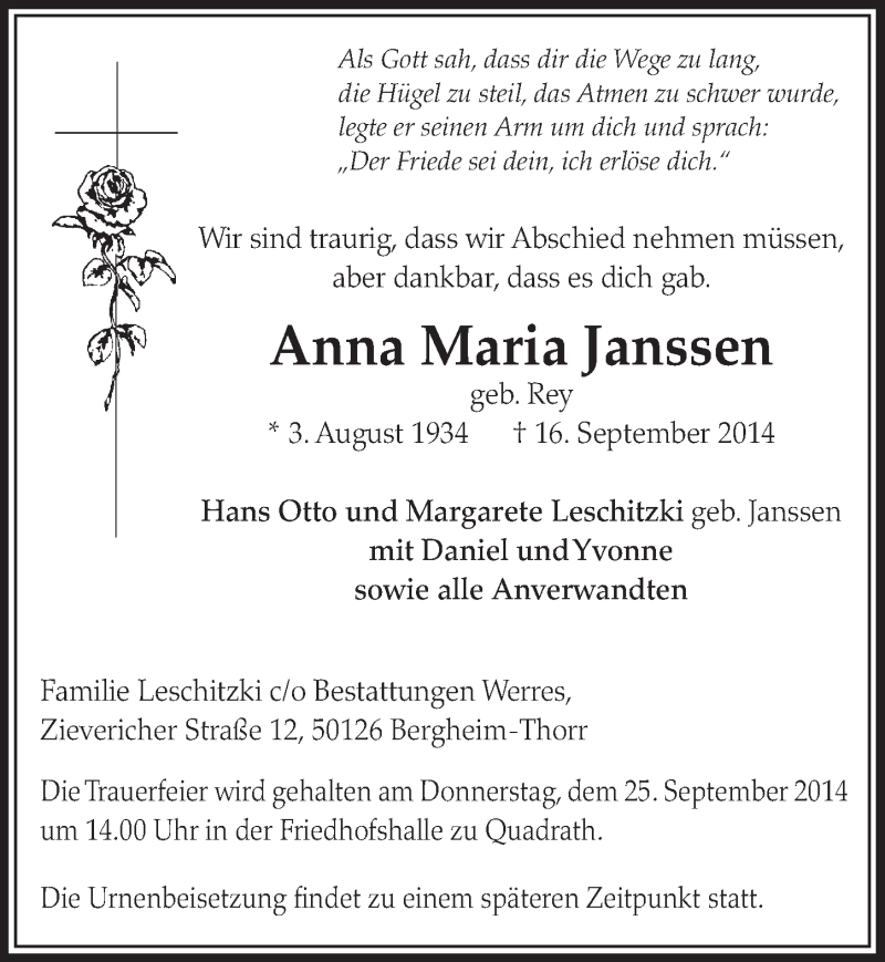  Traueranzeige für Anna Maria Janssen vom 20.09.2014 aus  Sonntags-Post 