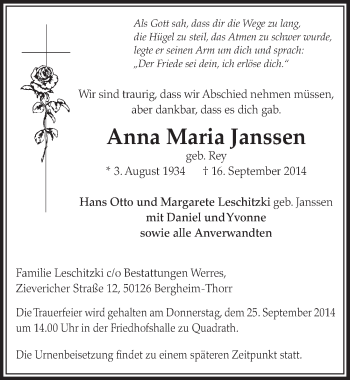 Anzeige von Anna Maria Janssen von  Sonntags-Post 