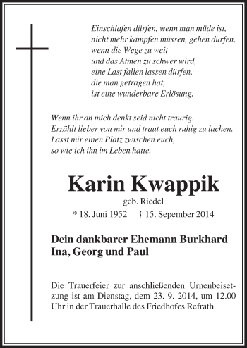 Anzeige von Karin Kwappik von  Bergisches Sonntagsblatt 