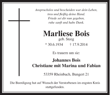 Anzeige von Marliese Bois von  Schaufenster/Blickpunkt 