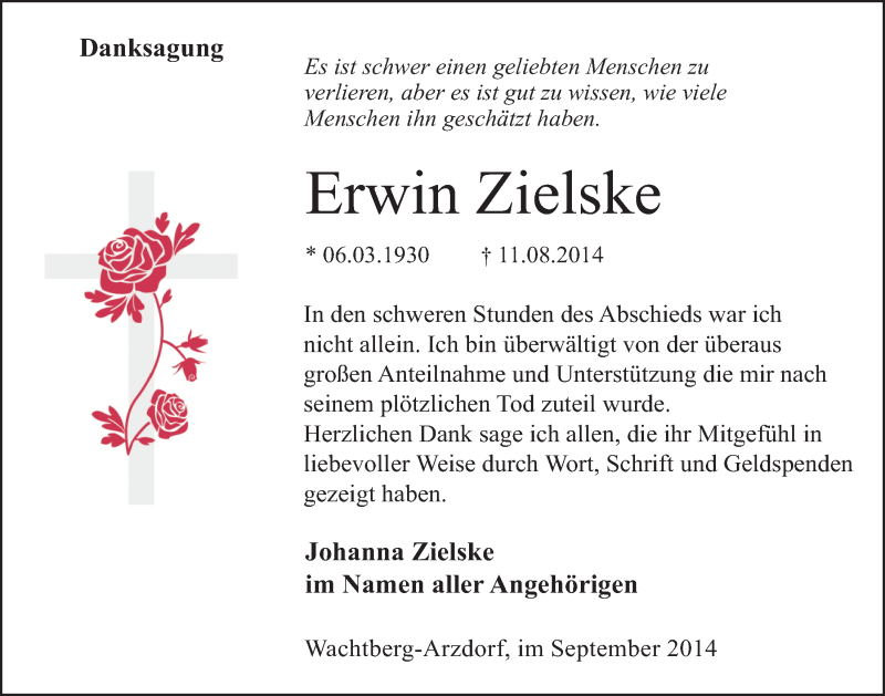  Traueranzeige für Erwin Zielske vom 24.09.2014 aus  Schaufenster/Blickpunkt 
