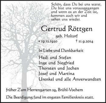 Anzeige von Gertrud Röttgen von  Schlossbote/Werbekurier 