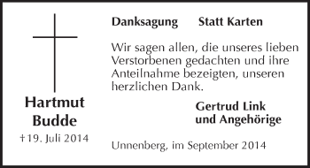 Anzeige von Hartmut Budde von  Anzeigen Echo 