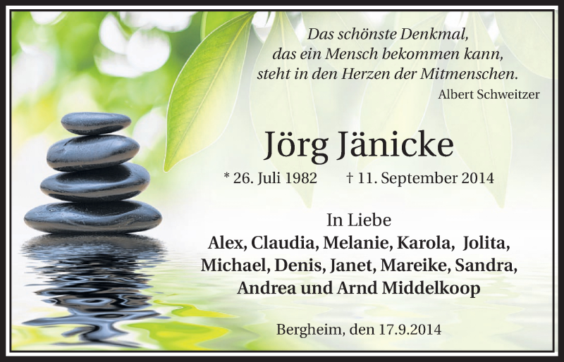  Traueranzeige für Jörg Jänicke vom 20.09.2014 aus  Sonntags-Post 
