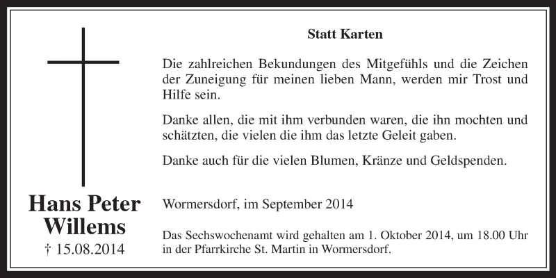  Traueranzeige für Hans Peter Willems vom 24.09.2014 aus  Schaufenster/Blickpunkt 