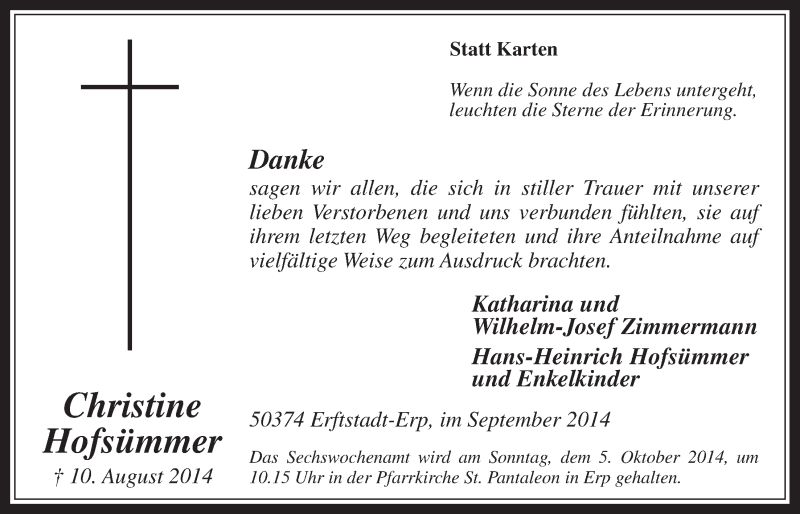  Traueranzeige für Christine Hofsümmer vom 24.09.2014 aus  Werbepost 