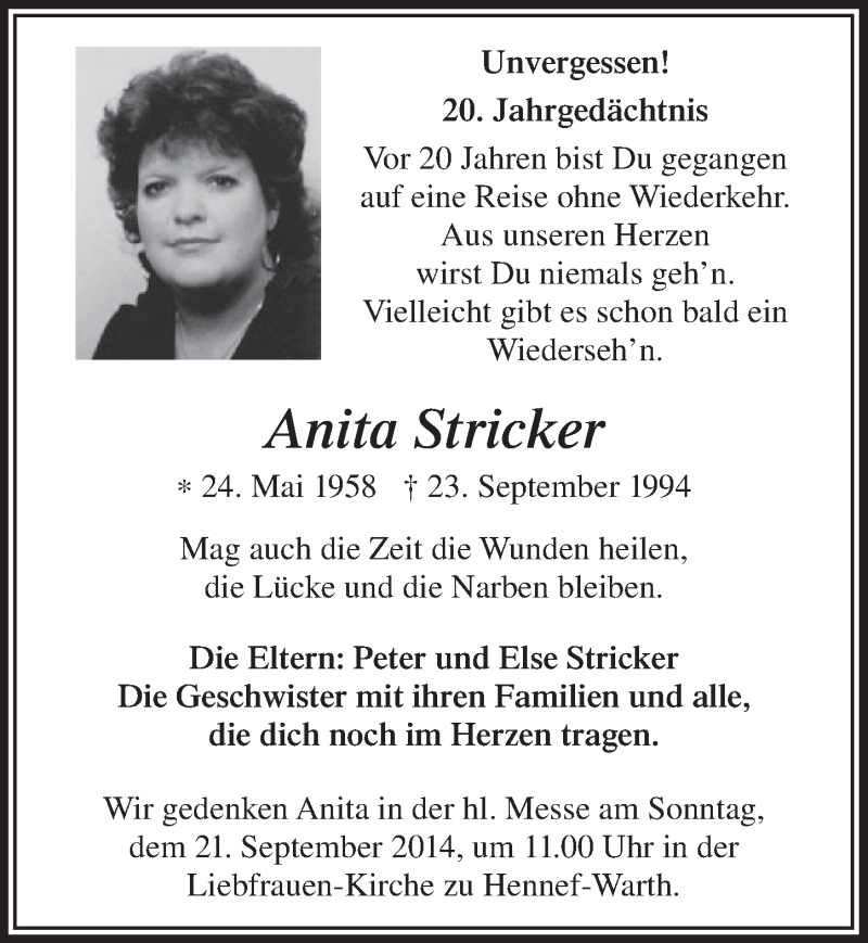  Traueranzeige für Anita Stricker vom 20.09.2014 aus  Rhein-Sieg-Wochenende 