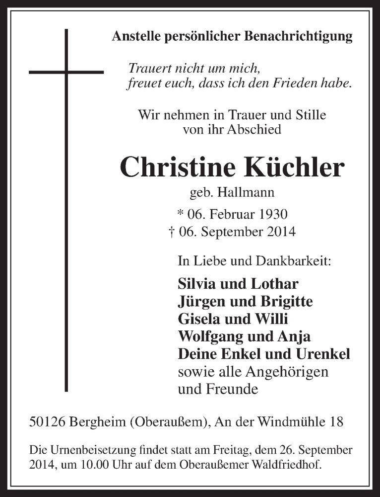  Traueranzeige für Christine Küchler vom 24.09.2014 aus  Werbepost 