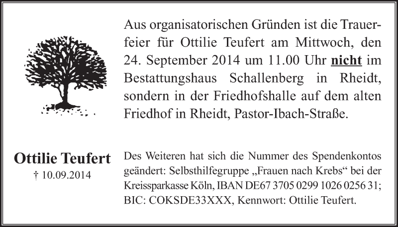  Traueranzeige für Ottilie Teufert vom 20.09.2014 aus  Rhein-Sieg-Wochenende 