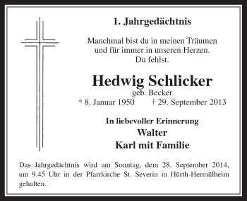 Anzeige von Hedwig Schlicker von  Wochenende 