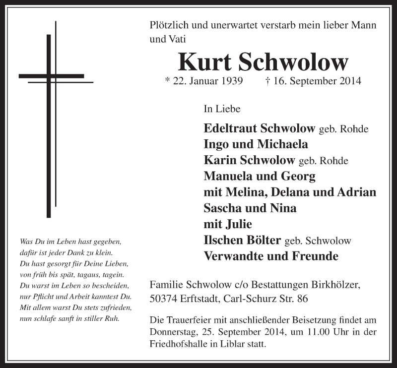  Traueranzeige für Kurt Schwolow vom 20.09.2014 aus  Sonntags-Post 