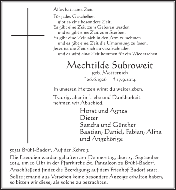 Anzeige von Mechtilde Subroweit von  Schlossbote/Werbekurier 