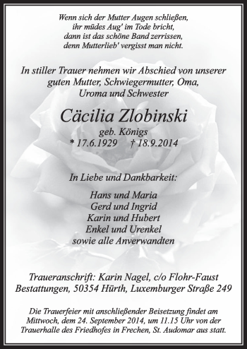Anzeige von Cäcilia Zlobinski von  Sonntags-Post 