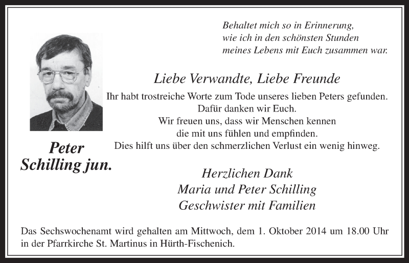  Traueranzeige für Peter Schilling vom 24.09.2014 aus  Schlossbote/Werbekurier 
