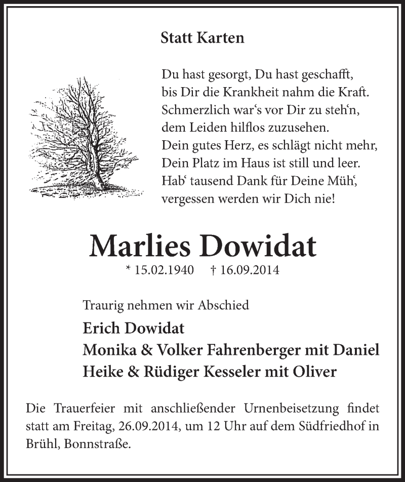  Traueranzeige für Marlies Dowidat vom 24.09.2014 aus  Schlossbote/Werbekurier 