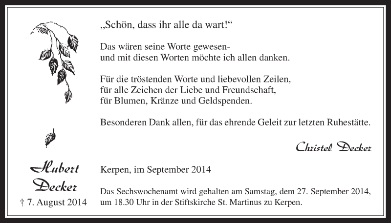  Traueranzeige für Hubert Decker vom 24.09.2014 aus  Werbepost 