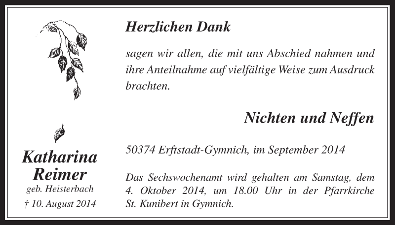  Traueranzeige für Katharina Reimer vom 24.09.2014 aus  Werbepost 