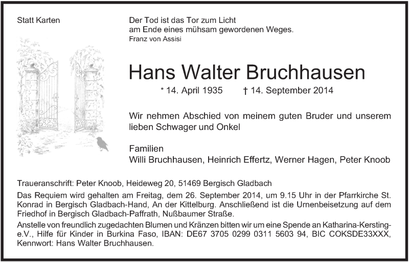  Traueranzeige für Hans Walter Bruchhausen vom 24.09.2014 aus  Bergisches Handelsblatt 