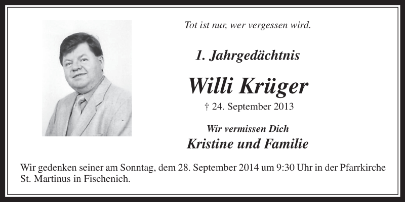  Traueranzeige für Willi Krüger vom 24.09.2014 aus  Wochenende  Schlossbote/Werbekurier 