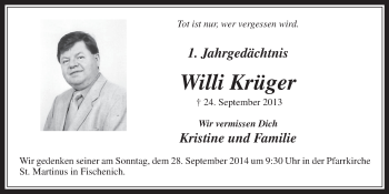 Anzeige von Willi Krüger von  Wochenende  Schlossbote/Werbekurier 