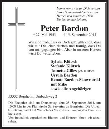 Anzeige von Peter Bardon von  Schaufenster/Blickpunkt 