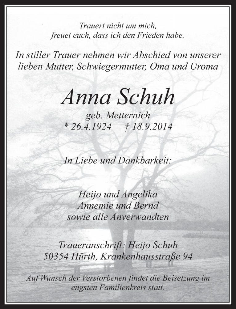  Traueranzeige für Anna Schuh vom 24.09.2014 aus  Wochenende 