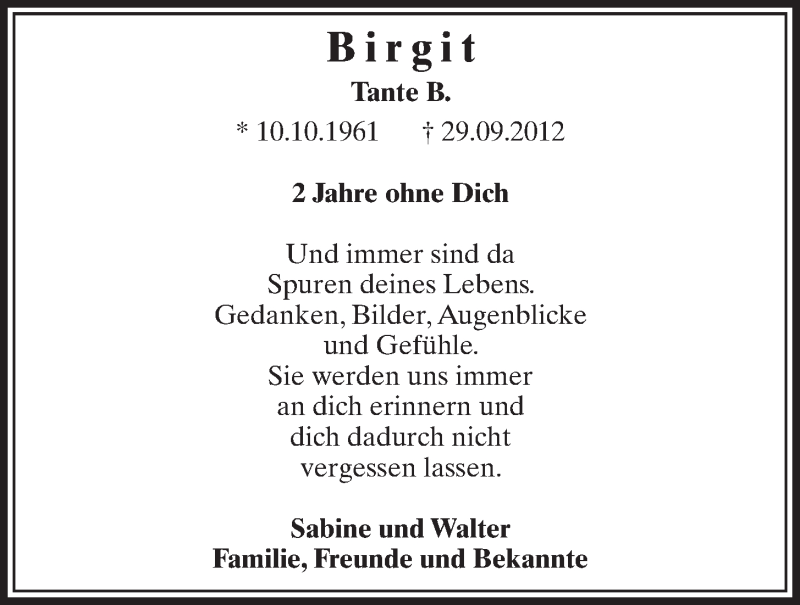  Traueranzeige für Birgit Loebach-Schaale vom 24.09.2014 aus  Schlossbote/Werbekurier 
