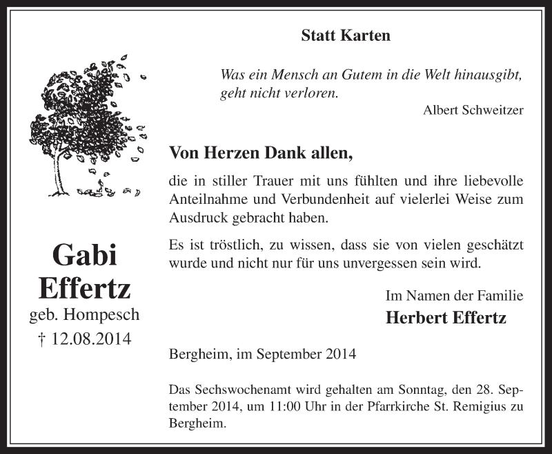  Traueranzeige für Gabi Effertz vom 24.09.2014 aus  Werbepost 