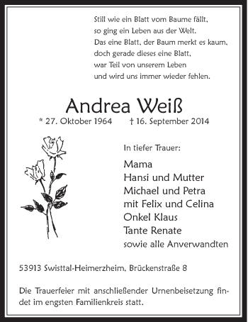 Anzeige von Andrea Weiß von  Schaufenster/Blickpunkt 