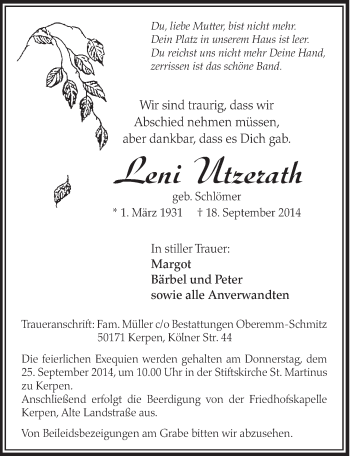 Anzeige von Leni Utzerath von  Sonntags-Post 