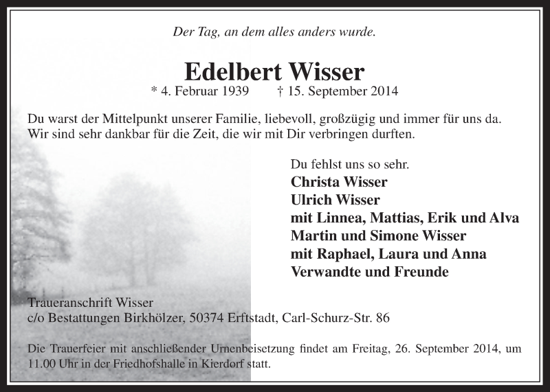  Traueranzeige für Edelbert Wisser vom 24.09.2014 aus  Werbepost 