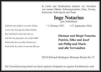 Anzeige von Inge Notarius von  Werbepost 