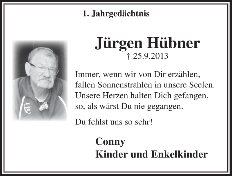  Traueranzeige für Jürgern Hübner vom 24.09.2014 aus  Lokalanzeiger 